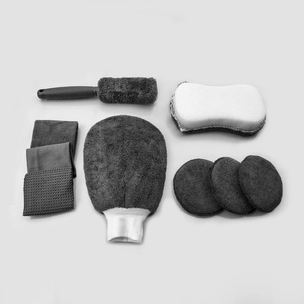 Lot de 9 lingettes nettoyantes pour voiture et moto, gants de lavage, serviettes de lavage de voiture, chiffons de nettoyage, éponges à cirer, brosses à roues