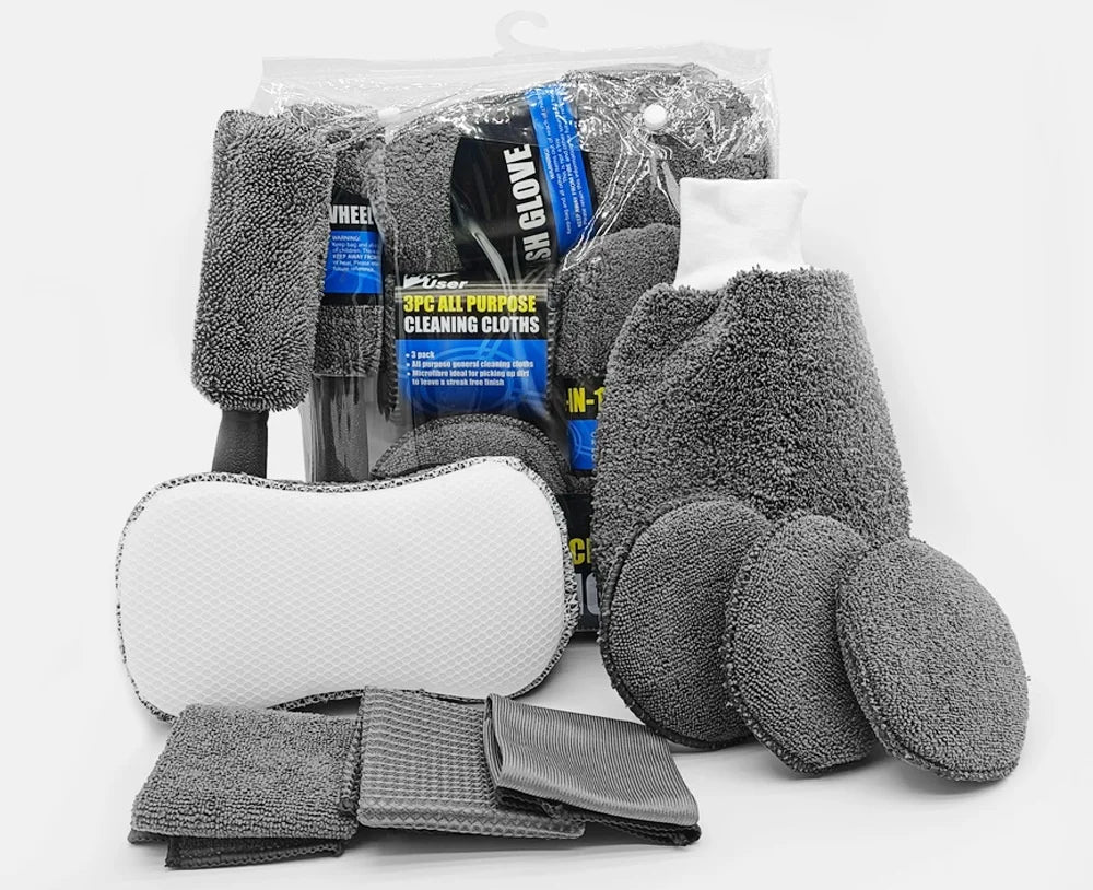 Lot de 9 lingettes nettoyantes pour voiture et moto, gants de lavage, serviettes de lavage de voiture, chiffons de nettoyage, éponges à cirer, brosses à roues