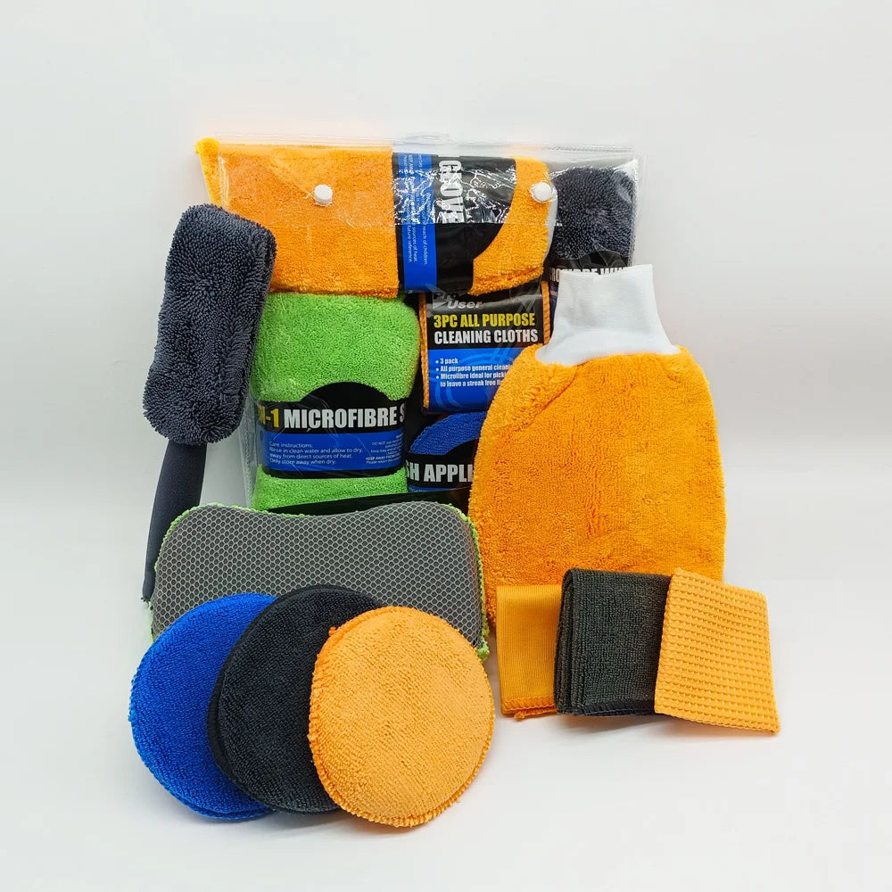 Lot de 9 lingettes nettoyantes pour voiture et moto, gants de lavage, serviettes de lavage de voiture, chiffons de nettoyage, éponges à cirer, brosses à roues