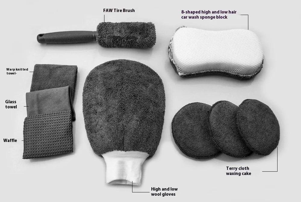 Lot de 9 lingettes nettoyantes pour voiture et moto, gants de lavage, serviettes de lavage de voiture, chiffons de nettoyage, éponges à cirer, brosses à roues