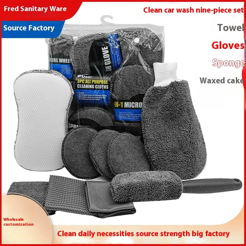 Lot de 9 lingettes nettoyantes pour voiture et moto, gants de lavage, serviettes de lavage de voiture, chiffons de nettoyage, éponges à cirer, brosses à roues