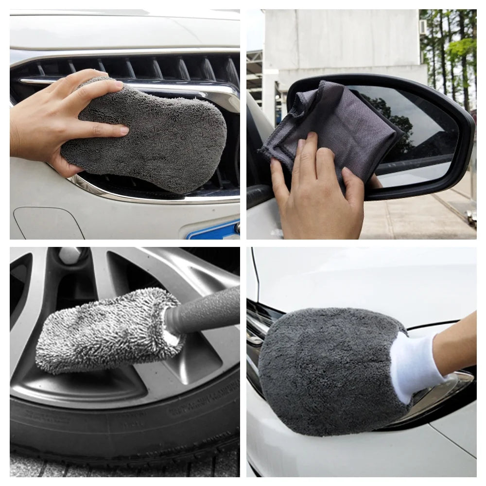 Lot de 9 lingettes nettoyantes pour voiture et moto, gants de lavage, serviettes de lavage de voiture, chiffons de nettoyage, éponges à cirer, brosses à roues