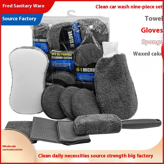 Lot de 9 lingettes nettoyantes pour voiture et moto, gants de lavage, serviettes de lavage de voiture, chiffons de nettoyage, éponges à cirer, brosses à roues